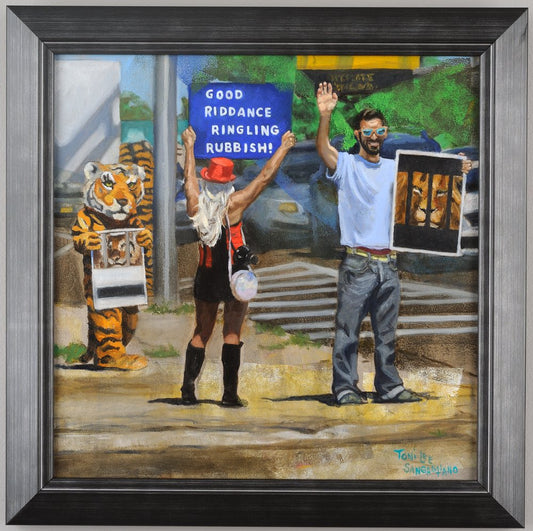Furry Protests (Circus). Oil on aluminum panel. Framed.
