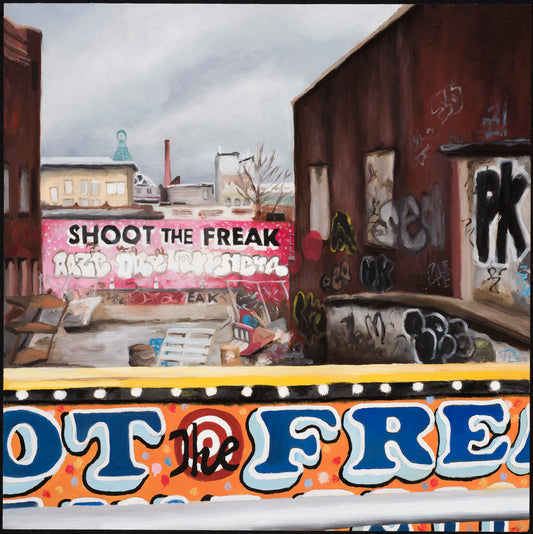 Shoot the Freak, Coney Island. Oil painting on panel. 12 x 12 x 2 inches.